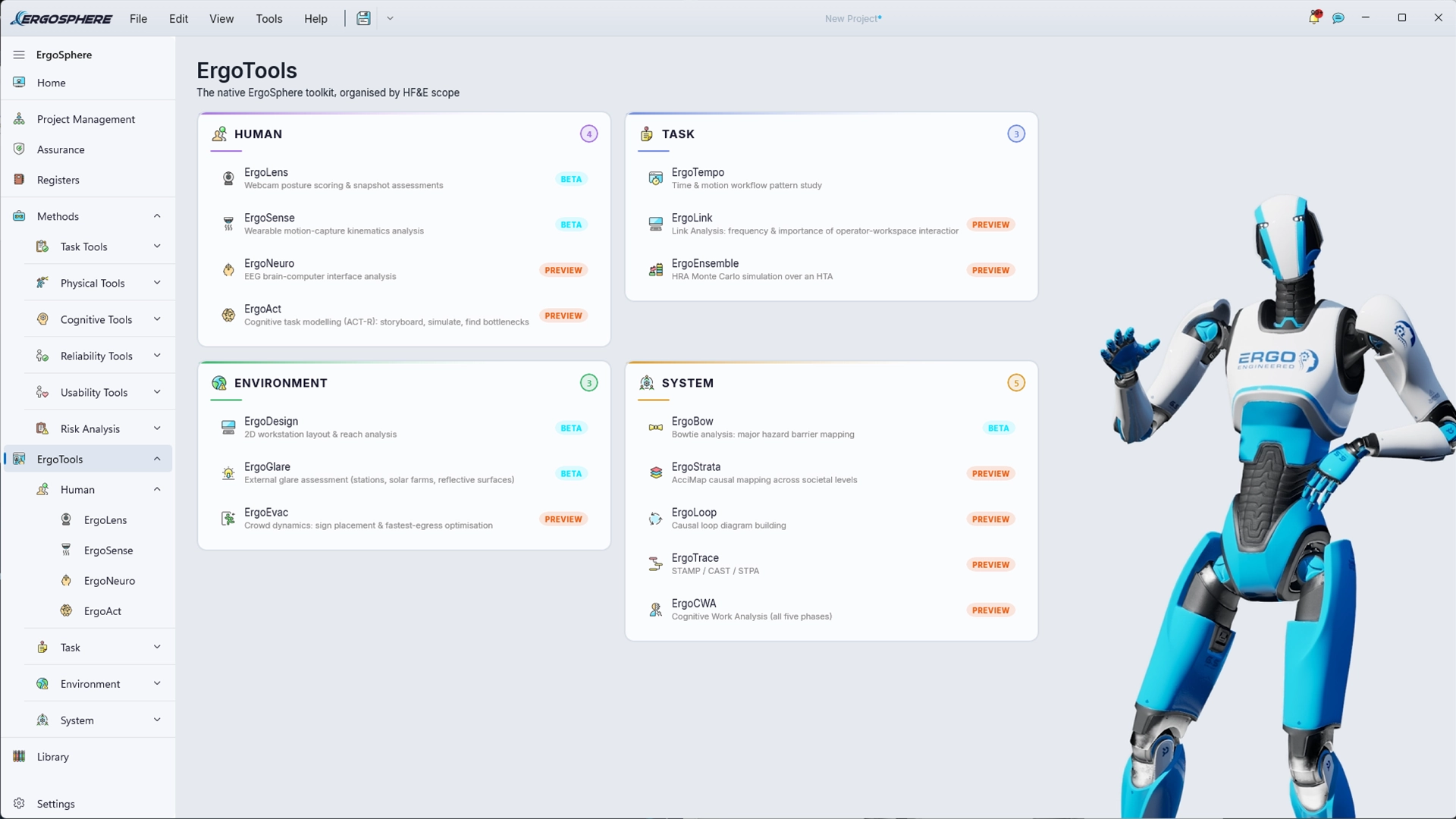 The ErgoSphere ErgoTools home page: the original instruments grouped by human, task, environment and system scope